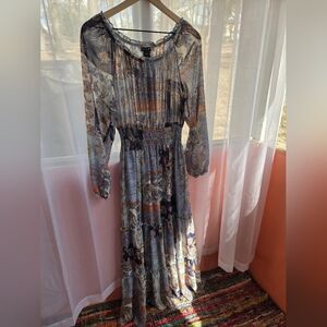 Boho Paisley Long Sleeve Maxi Dress in Blue and Tan